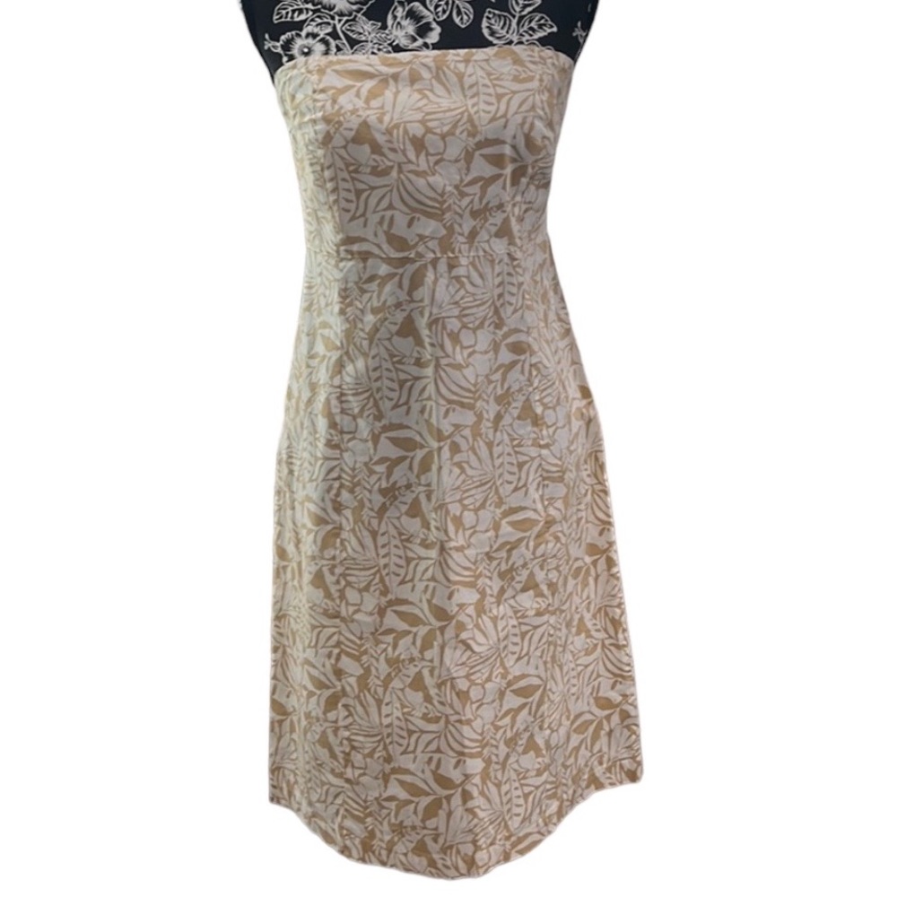 GAP Strapless Dress COTTON WHITE TAN Nature Print Or Tropical EUC SIZE 10
